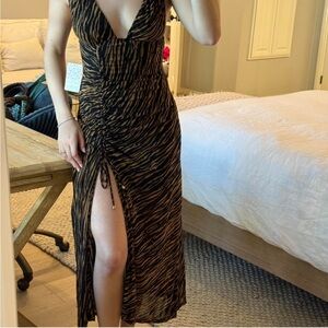 Free People Black and Brown Tiger-Print Slit Maxi Dress
